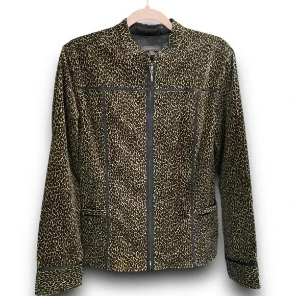 Animal Print Corduroy Jacket Biker Zip Up Brown Black Pockets Classic Coat Large - Picture 1 of 9